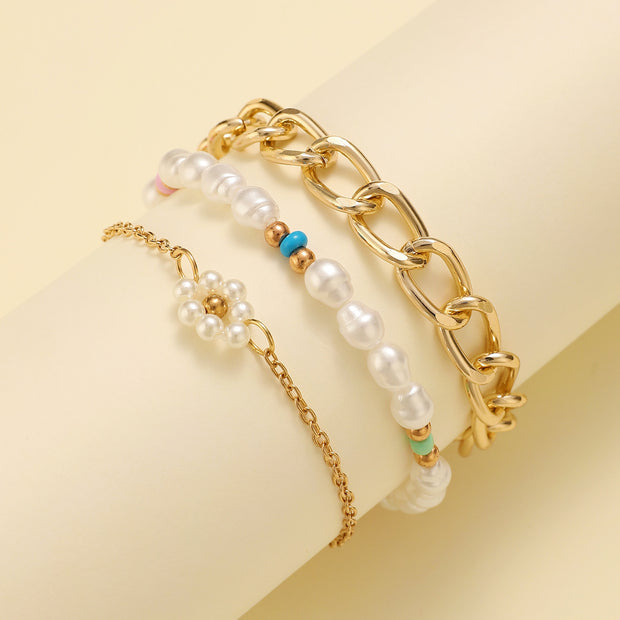 Simple Cuban Thick Chain Pearl Flower Female