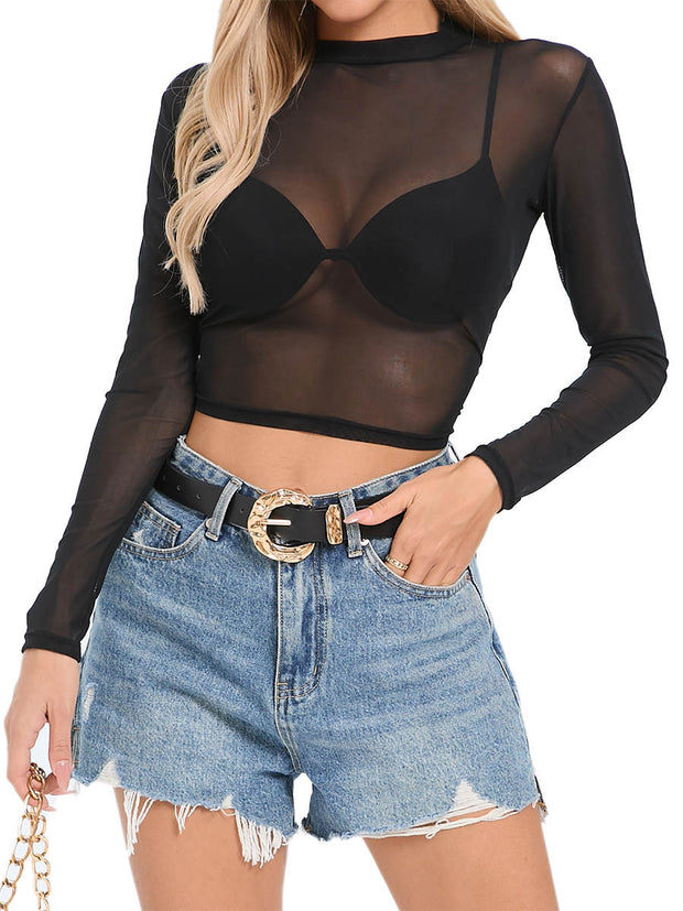 Simple And Sexy Slim-fit See-through Tight Long Sleeve Mesh Top For Women