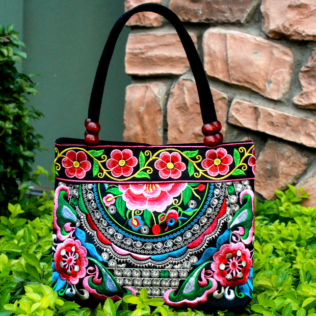 Ethnic Style Embroidered Handbag Wooden Bead Lace Bag
