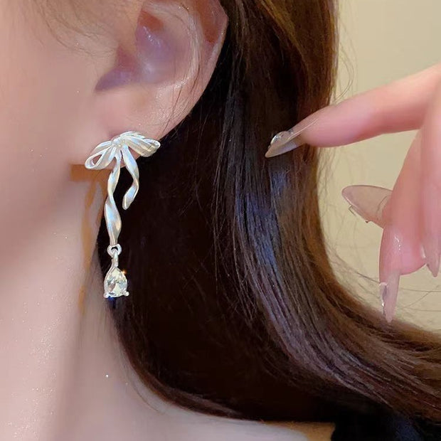 Bow Ribbon Zircon Stud Earrings For Women