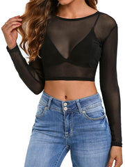 Simple And Sexy Slim-fit See-through Tight Long Sleeve Mesh Top For Women