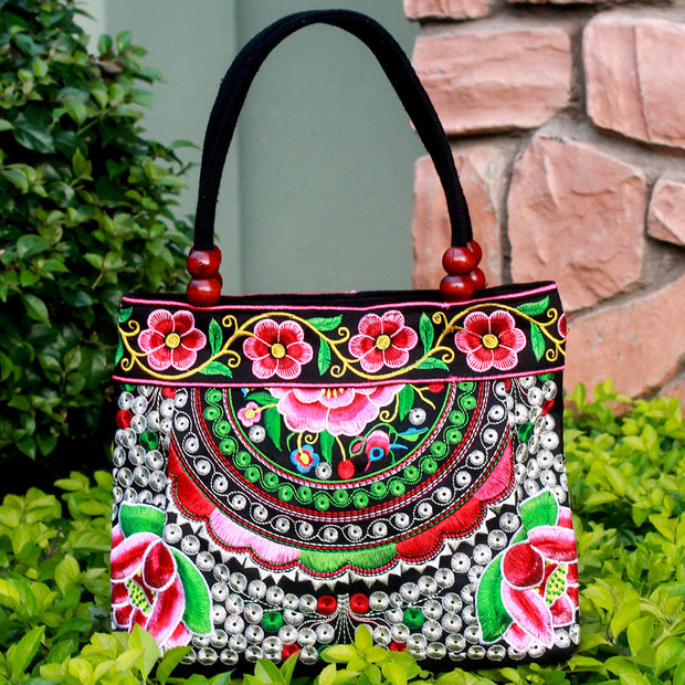 Ethnic Style Embroidered Handbag Wooden Bead Lace Bag