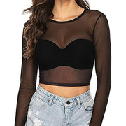 Simple And Sexy Slim-fit See-through Tight Long Sleeve Mesh Top For Women