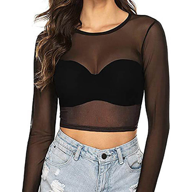 Simple And Sexy Slim-fit See-through Tight Long Sleeve Mesh Top For Women