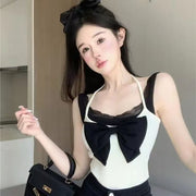 Fake Two-piece Bow Suspenders Vest Female Sweet Hot Girl Halter Lace Ruffled Short Tops Outerwear
