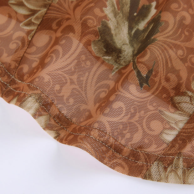 Bohemian Niche Printed Mesh Brown Underwear Spaghetti-strap Slip