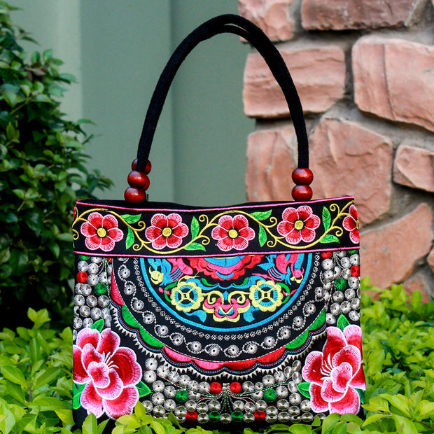 Ethnic Style Embroidered Handbag Wooden Bead Lace Bag