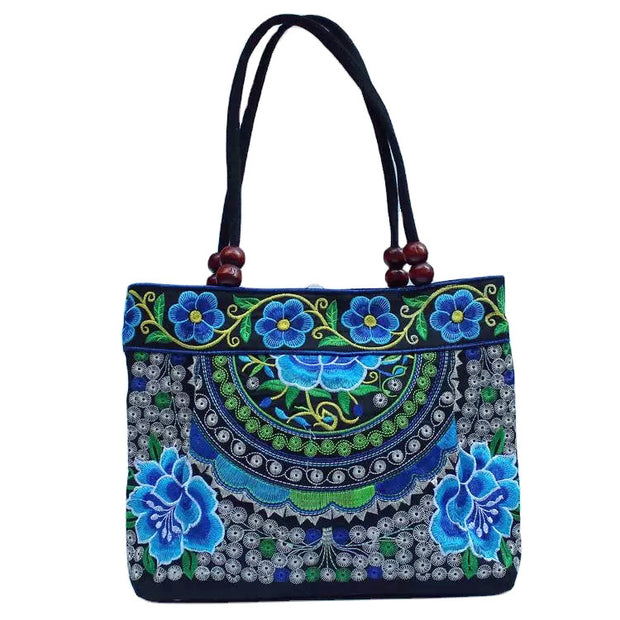 Ethnic Style Embroidered Handbag Wooden Bead Lace Bag