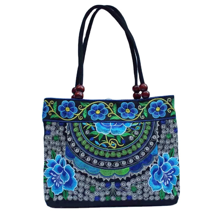 Ethnic Style Embroidered Handbag Wooden Bead Lace Bag