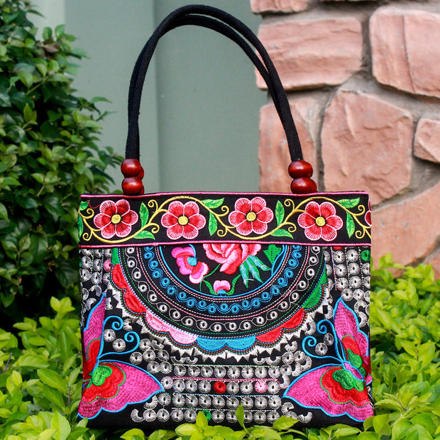 Ethnic Style Embroidered Handbag Wooden Bead Lace Bag