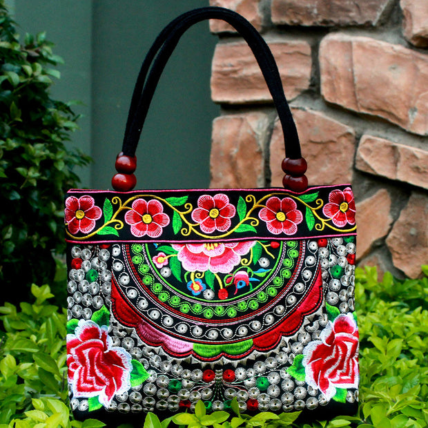 Ethnic Style Embroidered Handbag Wooden Bead Lace Bag