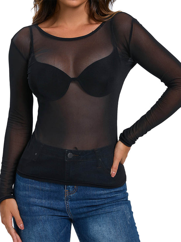 Simple And Sexy Slim-fit See-through Tight Long Sleeve Mesh Top For Women
