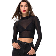 Simple And Sexy Slim-fit See-through Tight Long Sleeve Mesh Top For Women