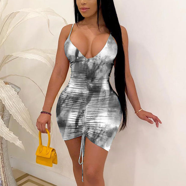 Deep V-neck Tie-dye Print Slim Fit Dress