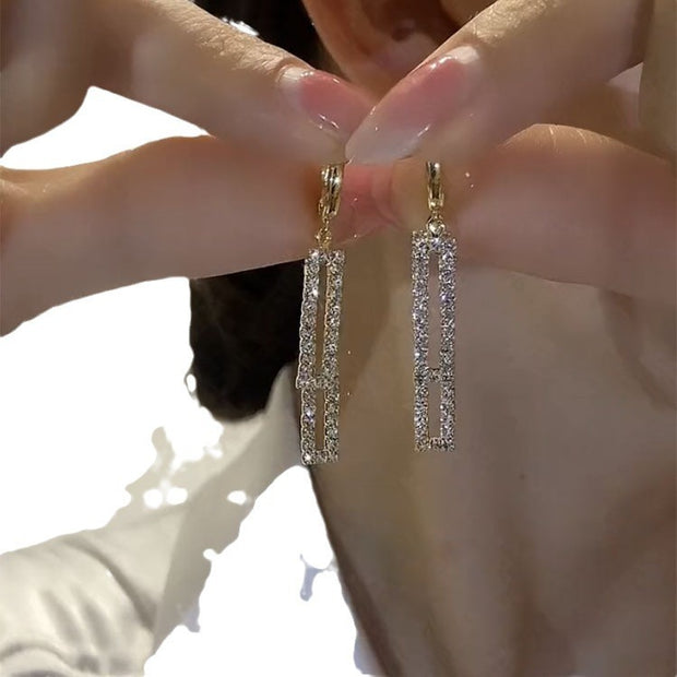Female Geometry Rectangle Full Diamond Earrings
