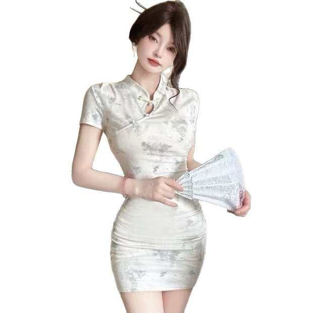 New Chinese Style Printing Cheongsam Short Skinny Sheath Dress