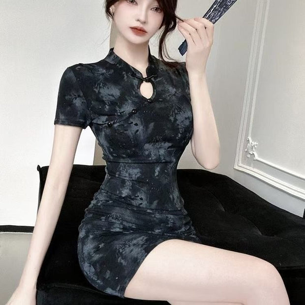 New Chinese Style Printing Cheongsam Short Skinny Sheath Dress