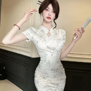 New Chinese Style Printing Cheongsam Short Skinny Sheath Dress