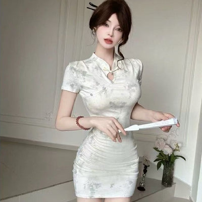 New Chinese Style Printing Cheongsam Short Skinny Sheath Dress