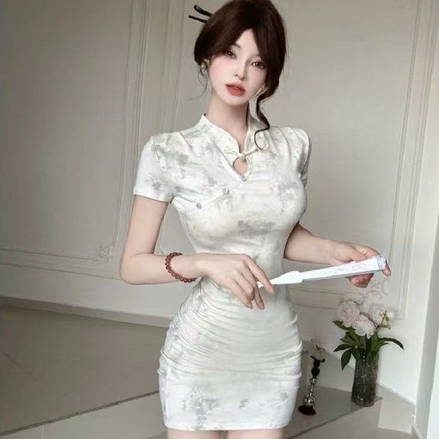 New Chinese Style Printing Cheongsam Short Skinny Sheath Dress
