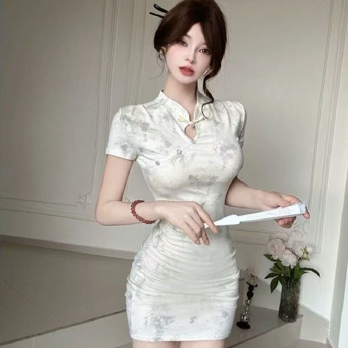 New Chinese Style Printing Cheongsam Short Skinny Sheath Dress