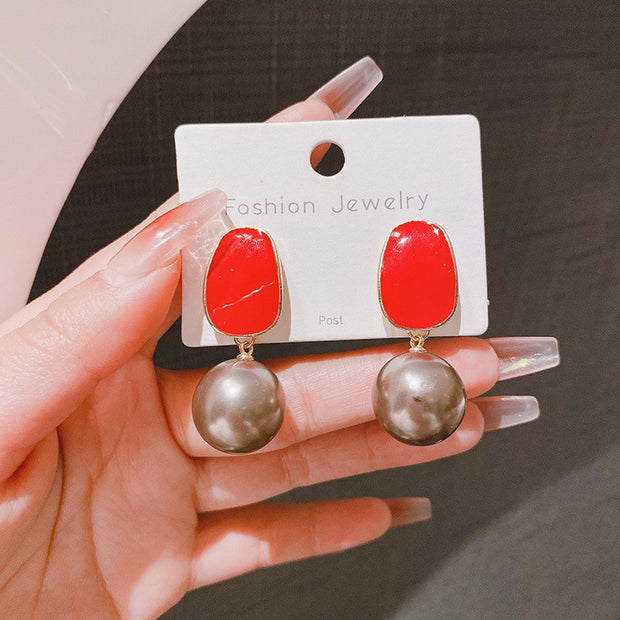 Vintage Oil Dripping Red Pearl Earrings For Women