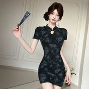 New Chinese Style Printing Cheongsam Short Skinny Sheath Dress