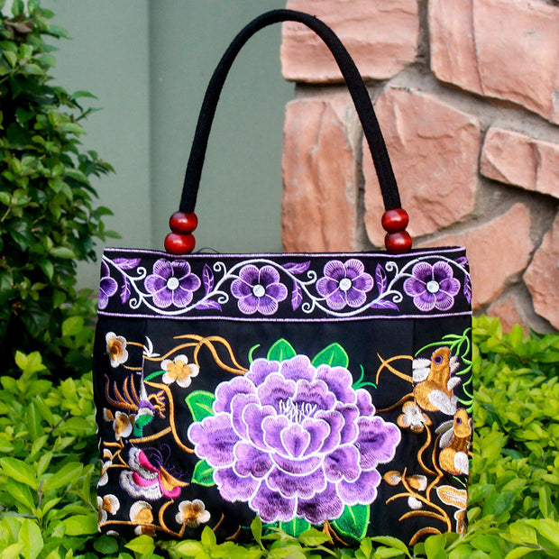 Ethnic Style Embroidered Handbag Wooden Bead Lace Bag
