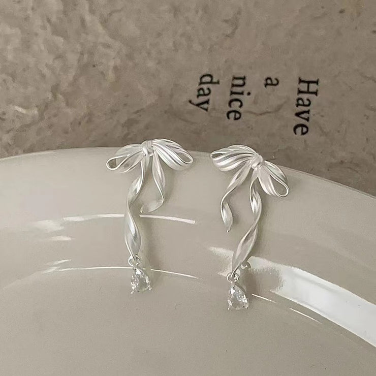 Bow Ribbon Zircon Stud Earrings For Women