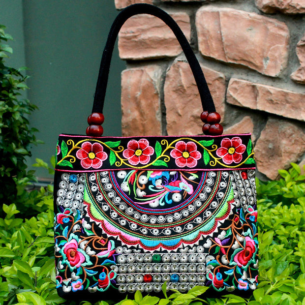 Ethnic Style Embroidered Handbag Wooden Bead Lace Bag