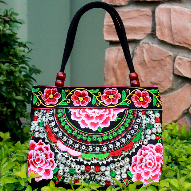 Ethnic Style Embroidered Handbag Wooden Bead Lace Bag