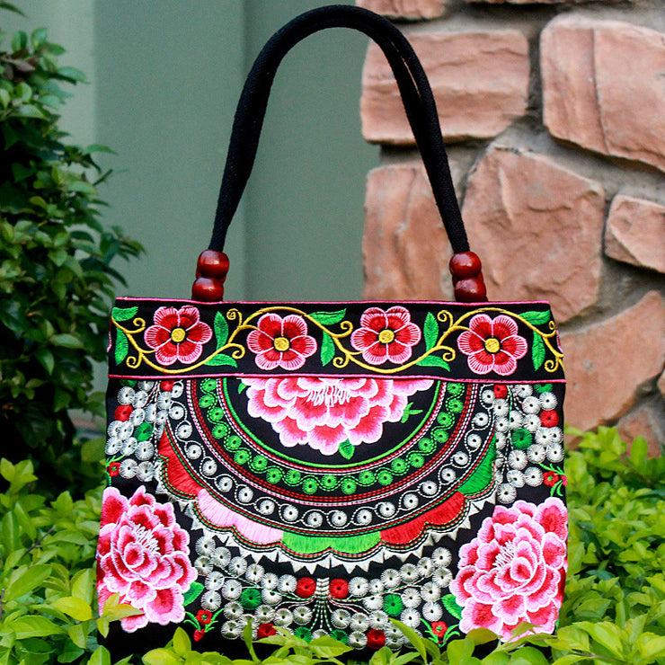 Ethnic Style Embroidered Handbag Wooden Bead Lace Bag
