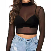 Simple And Sexy Slim-fit See-through Tight Long Sleeve Mesh Top For Women