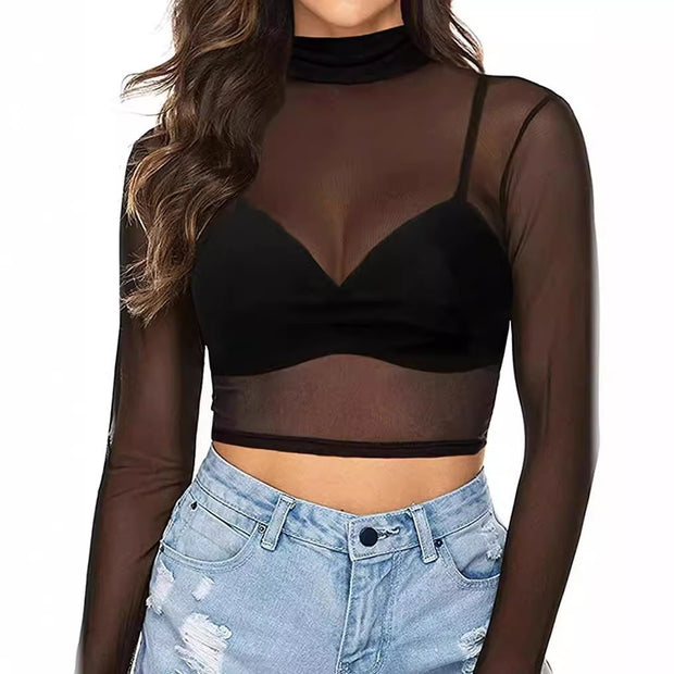 Simple And Sexy Slim-fit See-through Tight Long Sleeve Mesh Top For Women