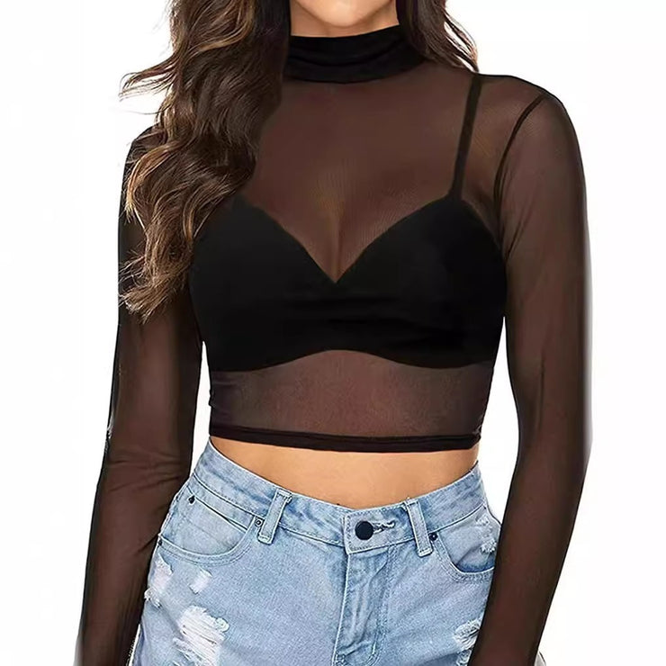 Simple And Sexy Slim-fit See-through Tight Long Sleeve Mesh Top For Women