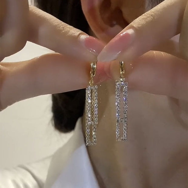 Female Geometry Rectangle Full Diamond Earrings