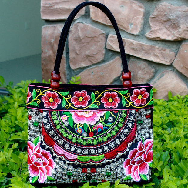 Ethnic Style Embroidered Handbag Wooden Bead Lace Bag