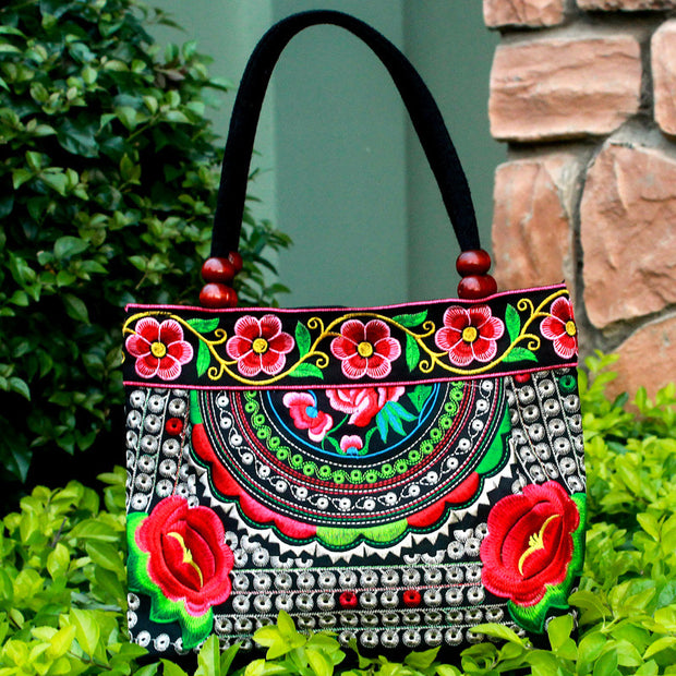 Ethnic Style Embroidered Handbag Wooden Bead Lace Bag